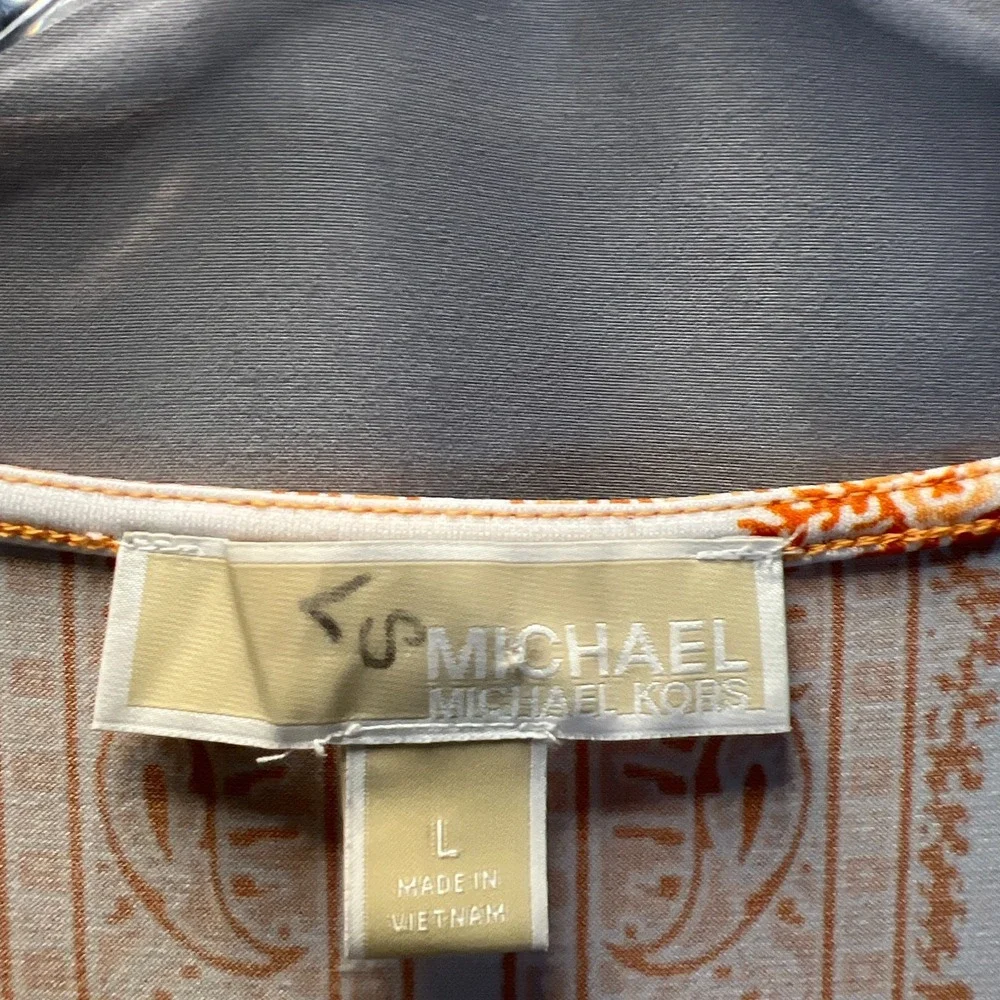 Michael Kors A Line Dress Womens Large White Orange Paisley Print Short Sleeve